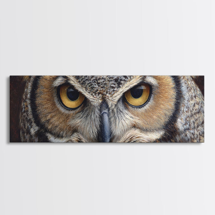 Owl Portrait with Wise Golden Eyes Canvas Print, Bird Art, Forest Wall Art, Living Room Decor, Flight, Minimalist Decor, BIR-3x1-93