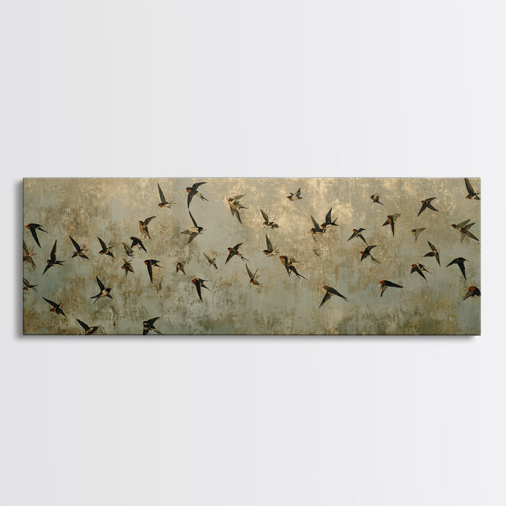 Flock of Swallows Sweeping Across Open Sky Canvas Print, Bird Art, Botanical Wall Art, Living Room Decor, Watercolor Art, BIR-3x1-94