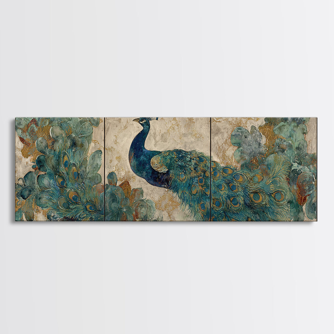 Peacock with Jewel Tone Feather Pattern Canvas Print, Bird Art, Textured Painting, Living Room Decor, Oil Painting, Flight, BIR-3x1-95