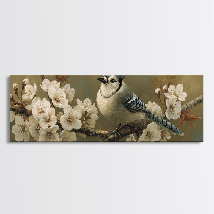 Songbird Perched on Cherry Blossoms Canvas Print, Bird Art, Neutral Decor, Living Room Decor, Fine Art, Flight, Wall Art, BIR-3x1-96
