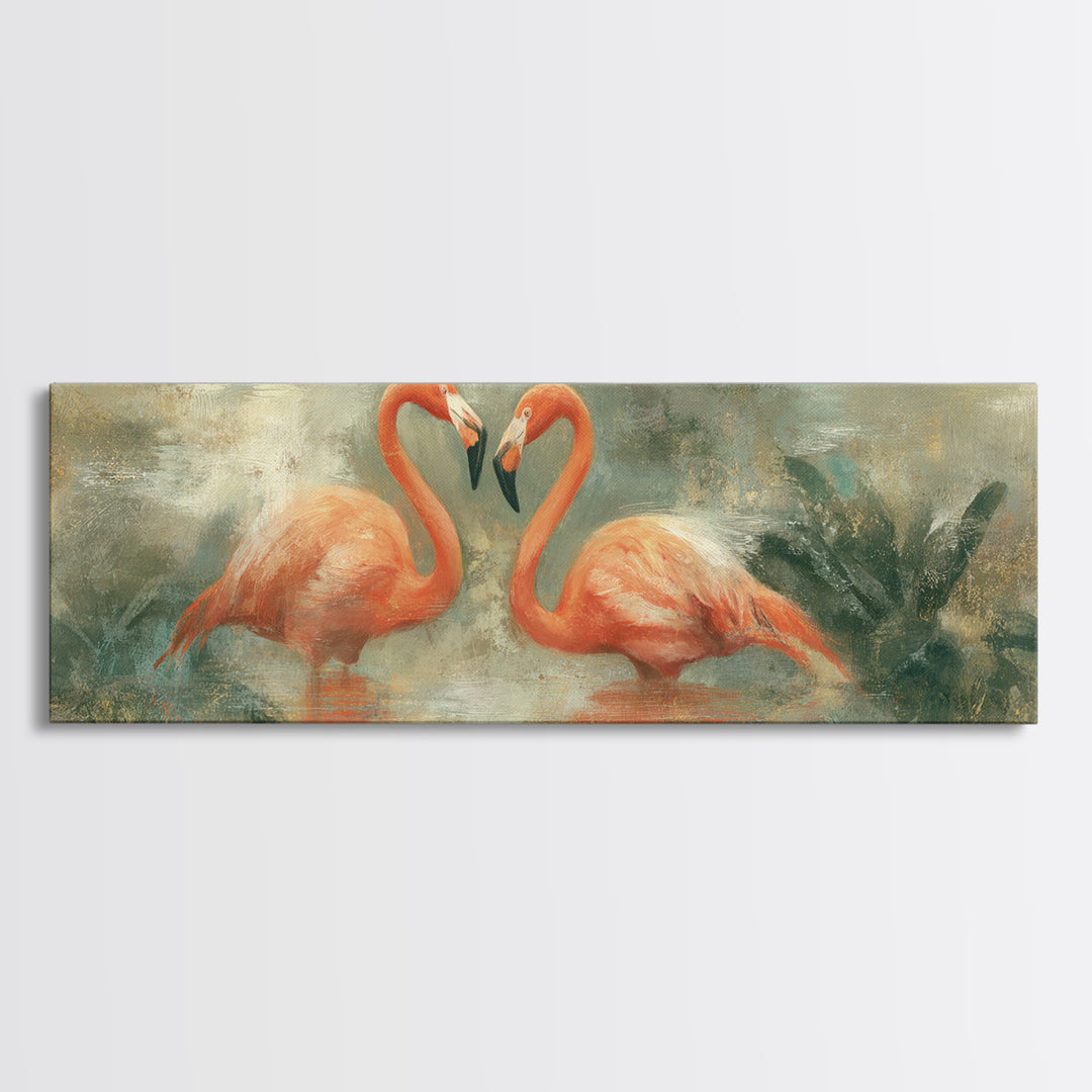 Flamingo Pair in Coral Water Reflections Canvas Print, Bird Art, Digital Download Art, Living Room Decor, Fine Art, Flight, BIR-3x1-98