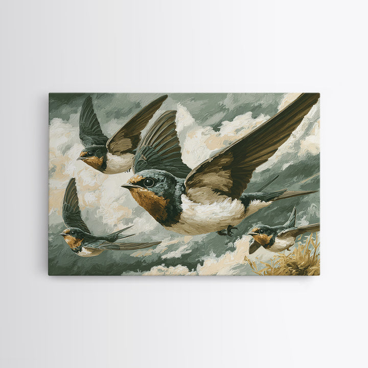 Flock of Swallows Sweeping Across Open Sky Framed Canvas Print, Bird Art, Watercolor Painting, Living Room Decor, Flight, BIR-3x2-10