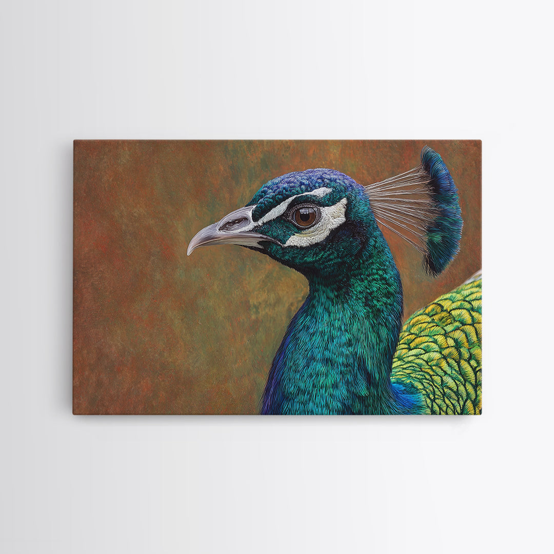 Peacock with Jewel Tone Feather Pattern Canvas Print, Bird Art, Mid Century Wall Art, Living Room Decor, Fine Art, Flight, BIR-3x2-11