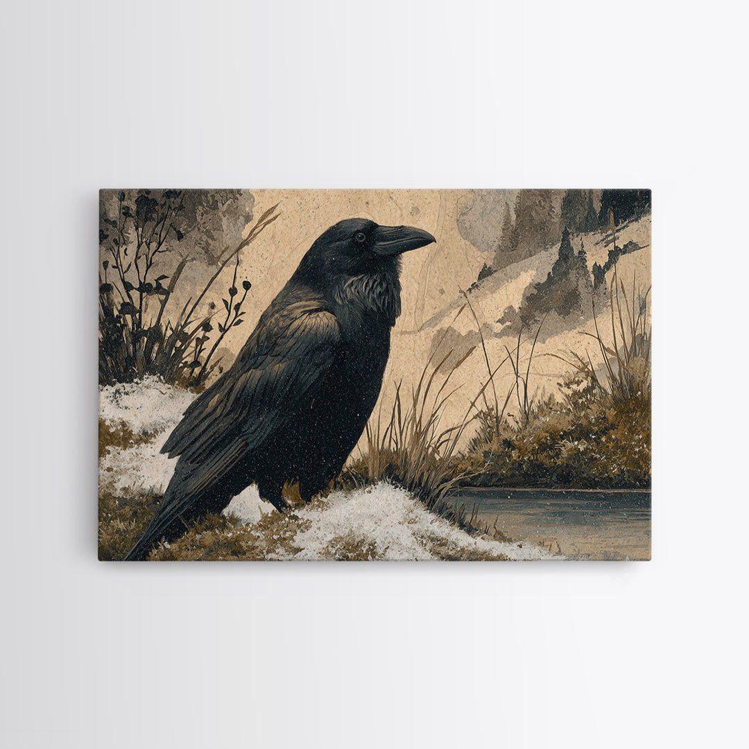 Raven Silhouette with Gothic Atmosphere Framed Canvas Print, Bird Art, Living Room Decor, Watercolor Art, Flight, BIR-3x2-13