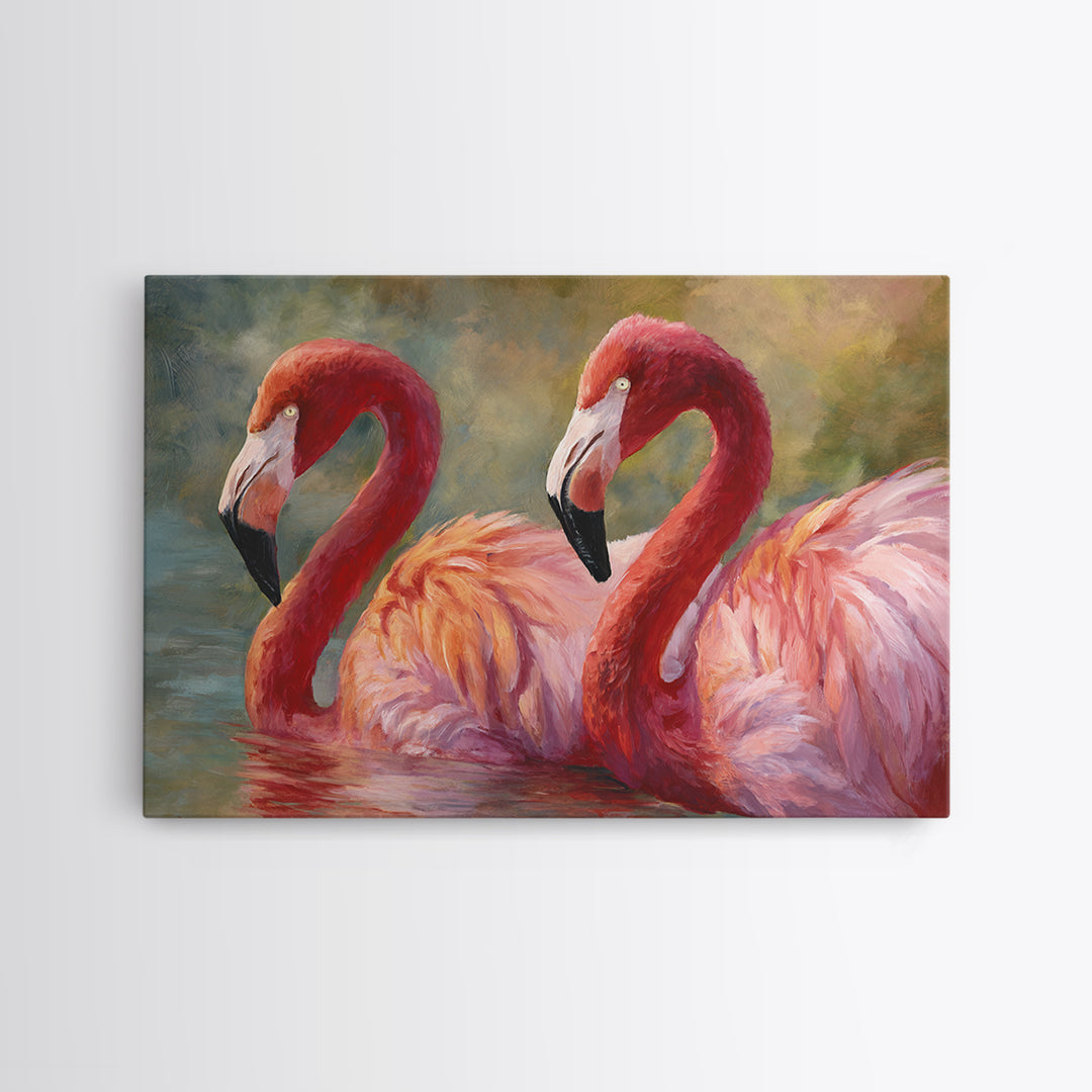 Flamingo Pair in Coral Water Reflections Framed Canvas Print, Bird Art, Original Art, Living Room Decor, Fine Art, Flight, BIR-3x2-14