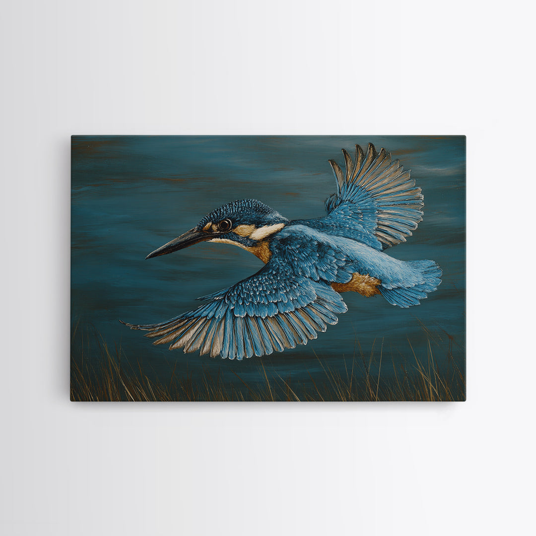 Kingfisher Diving Toward Blue Water Framed Canvas Print, Bird Art, Printable Art, Living Room Decor, Fine Art, Flight, BIR-3x2-15