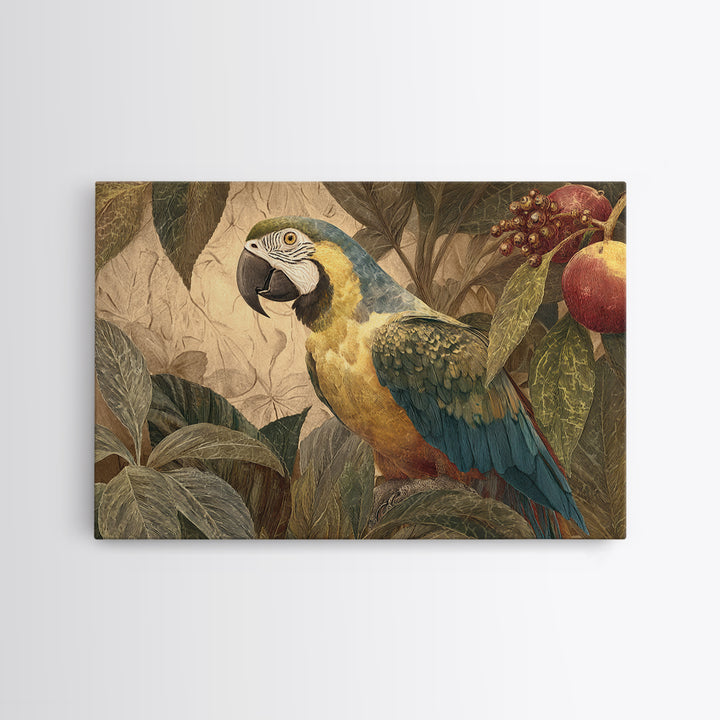 Parrot Among Tropical Leaves and Fruit Canvas Print, Bird Art, Modern Art, Living Room Decor, Fine Art, Flight, Floral Art, BIR-3x2-17