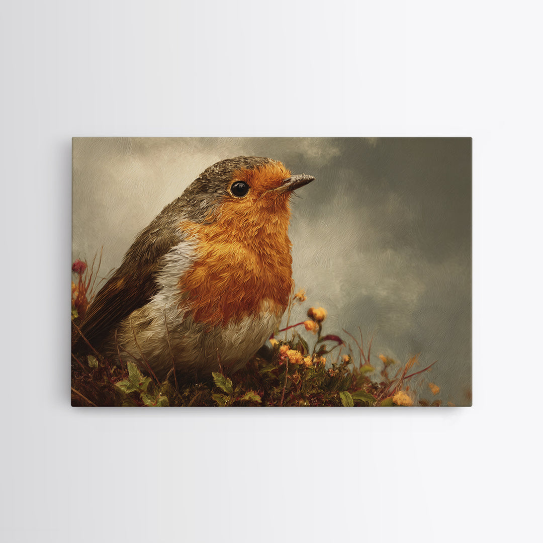 Robin in a Spring Garden with Soft Framed Canvas Print, Bird Art, Nature Prints, Living Room Decor, Fine Art, Flight, BIR-3x2-19