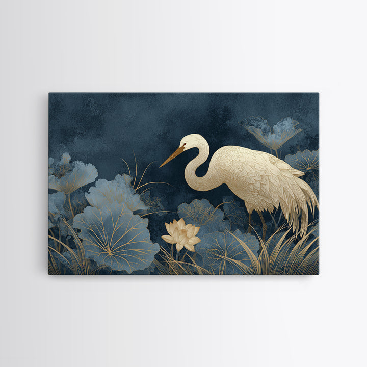 Crane and Lotus Composition Canvas Print, Bird Art, Botanical Wall Art, Living Room Decor, Fine Art, Flight, Forest Wall Art, BIR-3x2-21