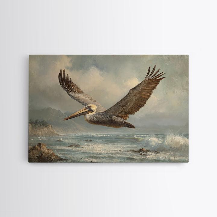 Pelican Flying over Coastal Waves Canvas Print, Bird Art, Printable Art, Living Room Decor, Oil Painting, Flight, BIR-3x2-22