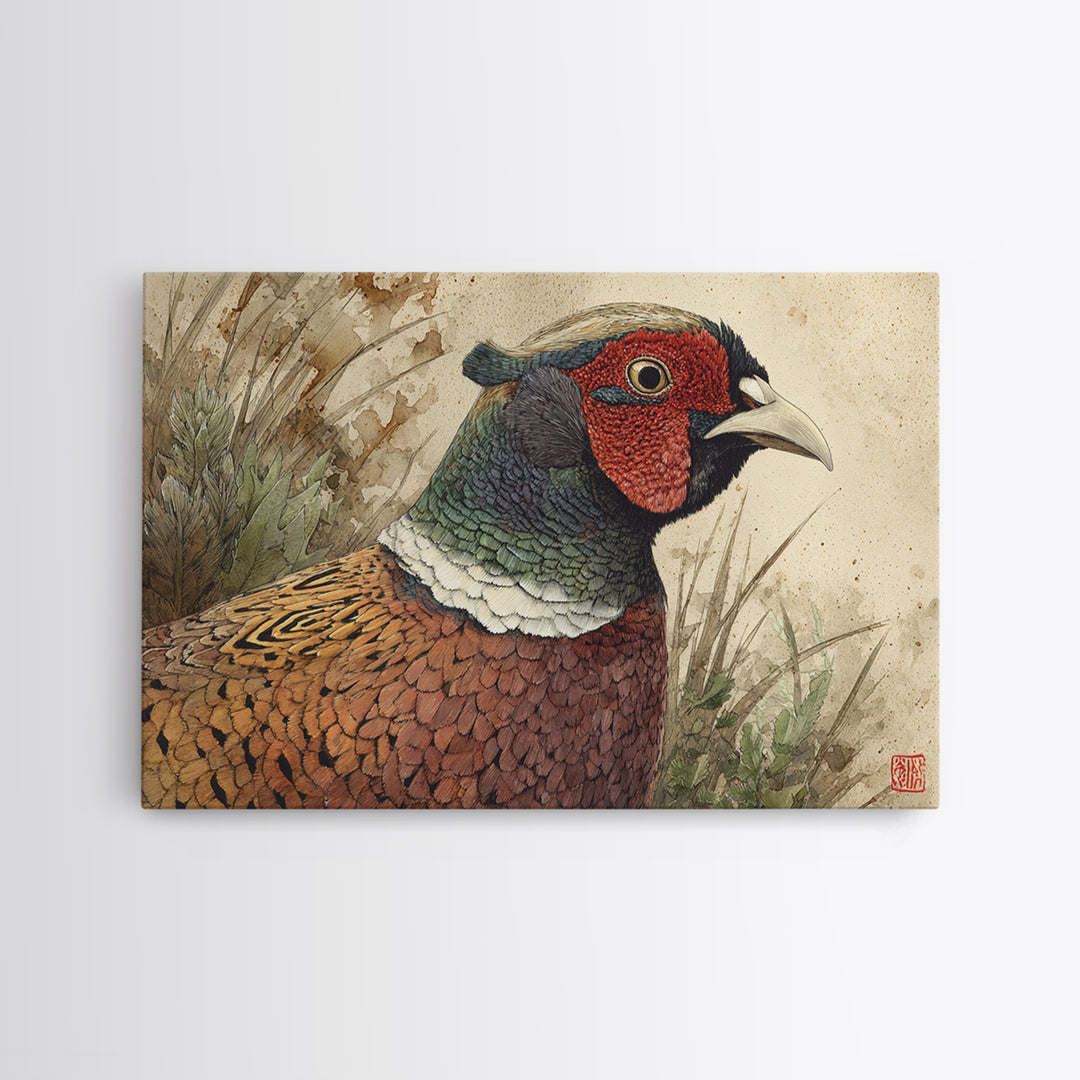 Pheasant with Ornate Feather Details Framed Canvas Print, Bird Art, Modern Art, Living Room Decor, Fine Art, Flight, Floral Art, BIR-3x2-23