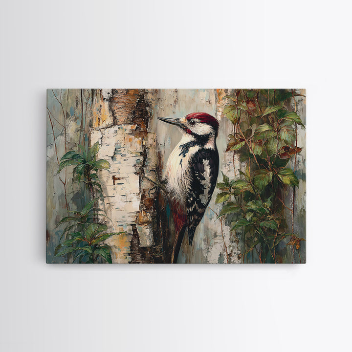 Woodpecker on Birch Bark Texture Framed Canvas Print, Bird Art, Gallery Wall, Living Room Decor, Abstract Art, Flight, BIR-3x2-25