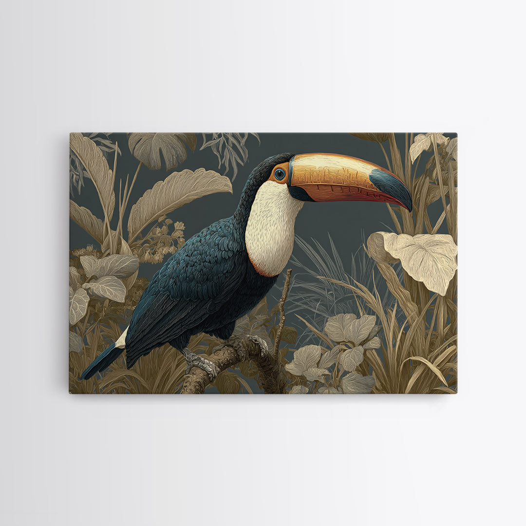 Toucan Framed by Bold Jungle Foliage Framed Canvas Print, Bird Art, Mcm Decor, Living Room Decor, Flight, Neutral Decor, BIR-3x2-27