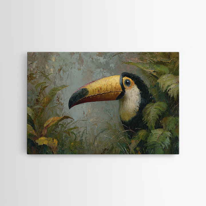 Toucan Framed by Bold Jungle Foliage Canvas Print, Bird Art, Modern Wall Art, Living Room Decor, Flight, Bird Wall Art, BIR-3x2-3