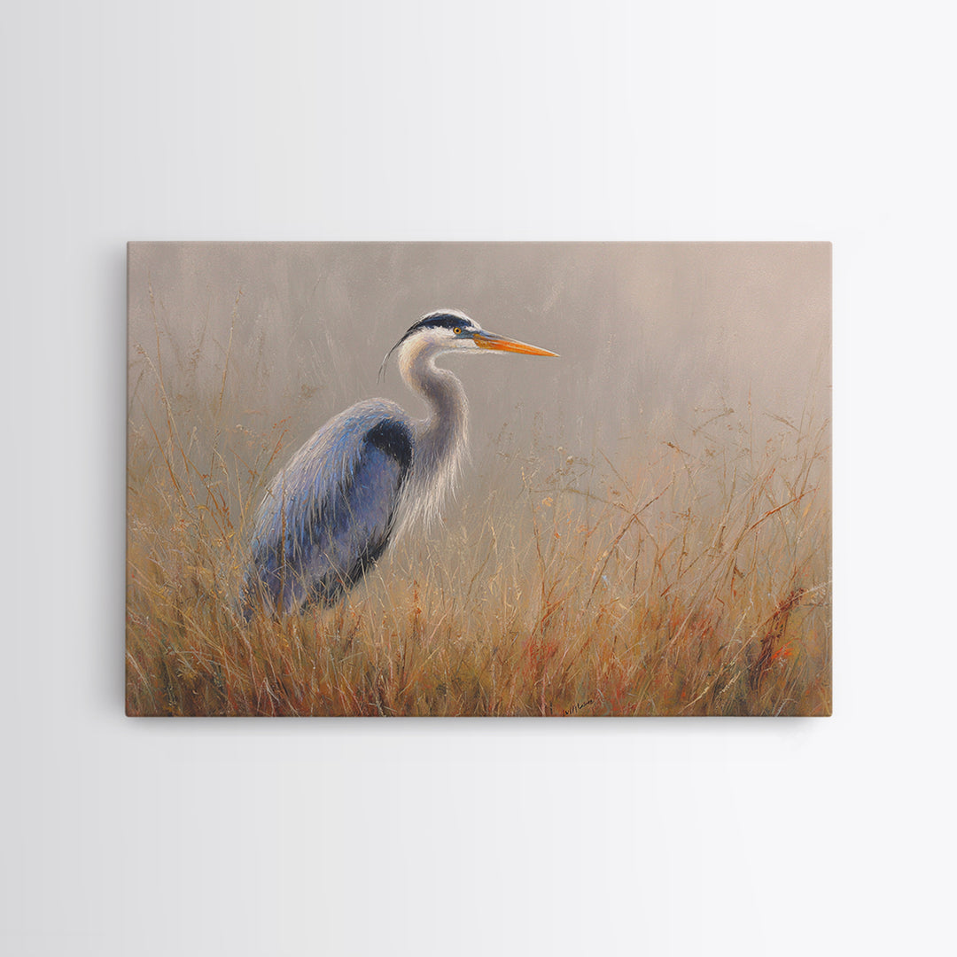 Blue Heron in Misty Marsh Grass Canvas Print, Bird Art, Modern Art, Living Room Decor, Flight, Floral Art, Forest Wall Art, BIR-3x2-30