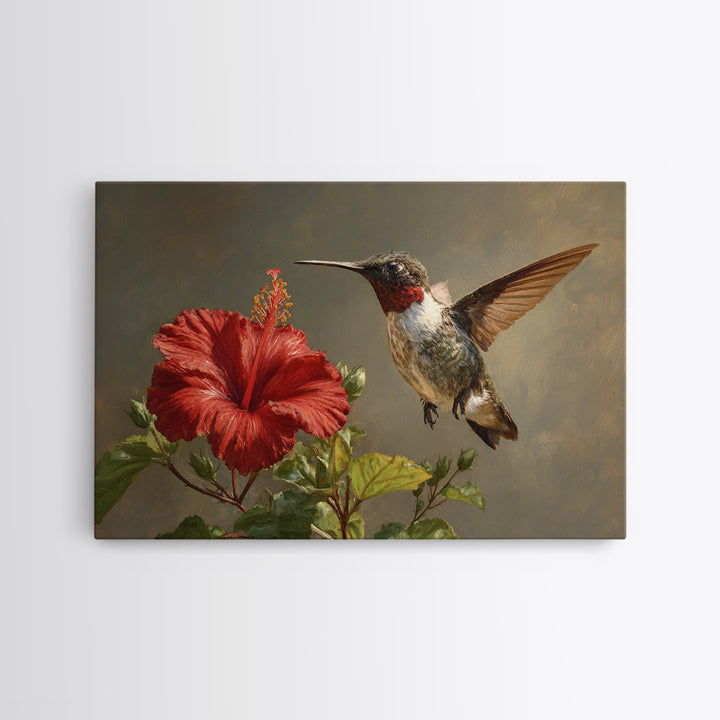 Hummingbird Hovering Beside Bright Hibiscus Canvas Print, Bird Art, Botanical Wall Art, Living Room Decor, Fine Art, Flight, BIR-3x2-32