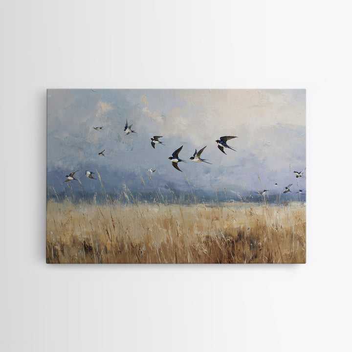 Flock of Swallows Sweeping Across Open Sky Canvas Print, Bird Art, Botanical Wall Art, Living Room Decor, Watercolor Art, BIR-3x2-34