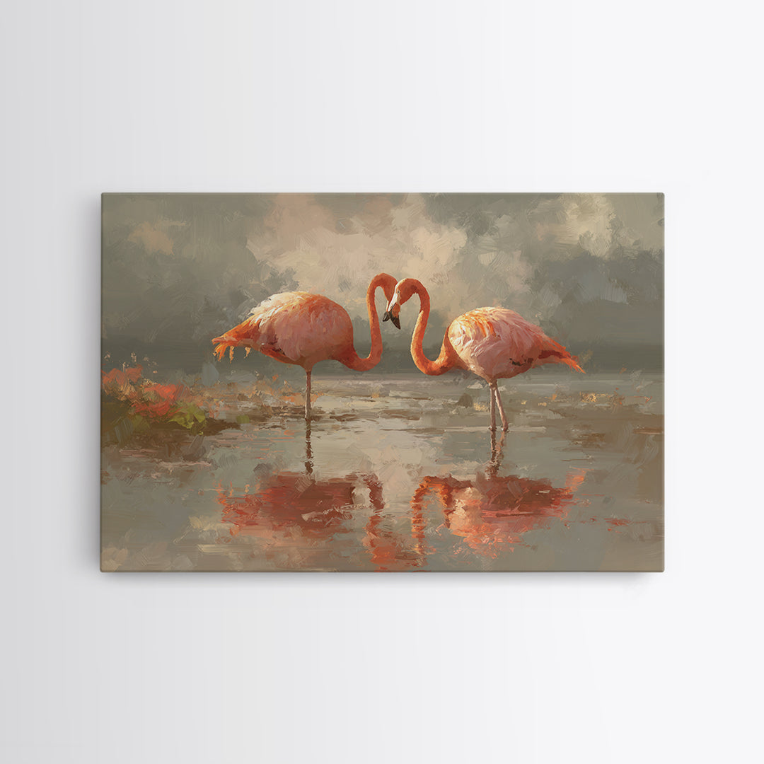 Flamingo Pair in Coral Water Reflections Canvas Print, Bird Art, Japanese Wall Art, Living Room Decor, Fine Art, Flight, BIR-3x2-38
