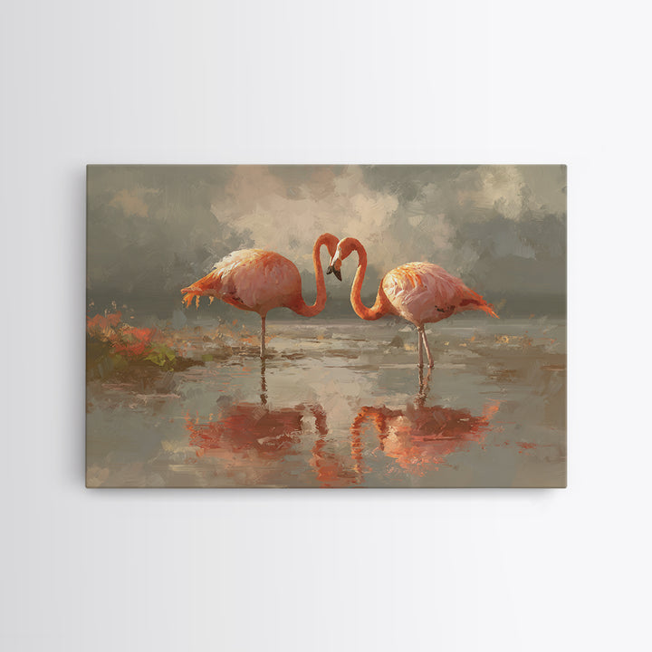 Flamingo Pair in Coral Water Reflections Canvas Print, Bird Art, Japanese Wall Art, Living Room Decor, Fine Art, Flight, BIR-3x2-38