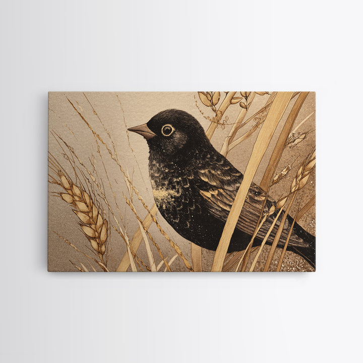 Blackbird on Gold Wheat Field Canvas Print, Bird Art, Mid Century Modern, Living Room Decor, Oil Painting, Flight, BIR-3x2-4