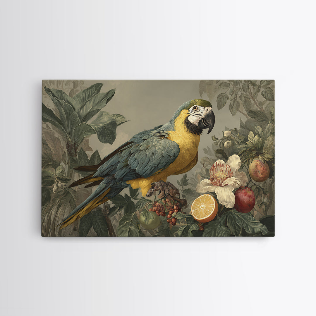 Parrot Among Tropical Leaves and Fruit Framed Canvas Print, Bird Art, Digital Download Art, Living Room Decor, Watercolor Art, BIR-3x2-41