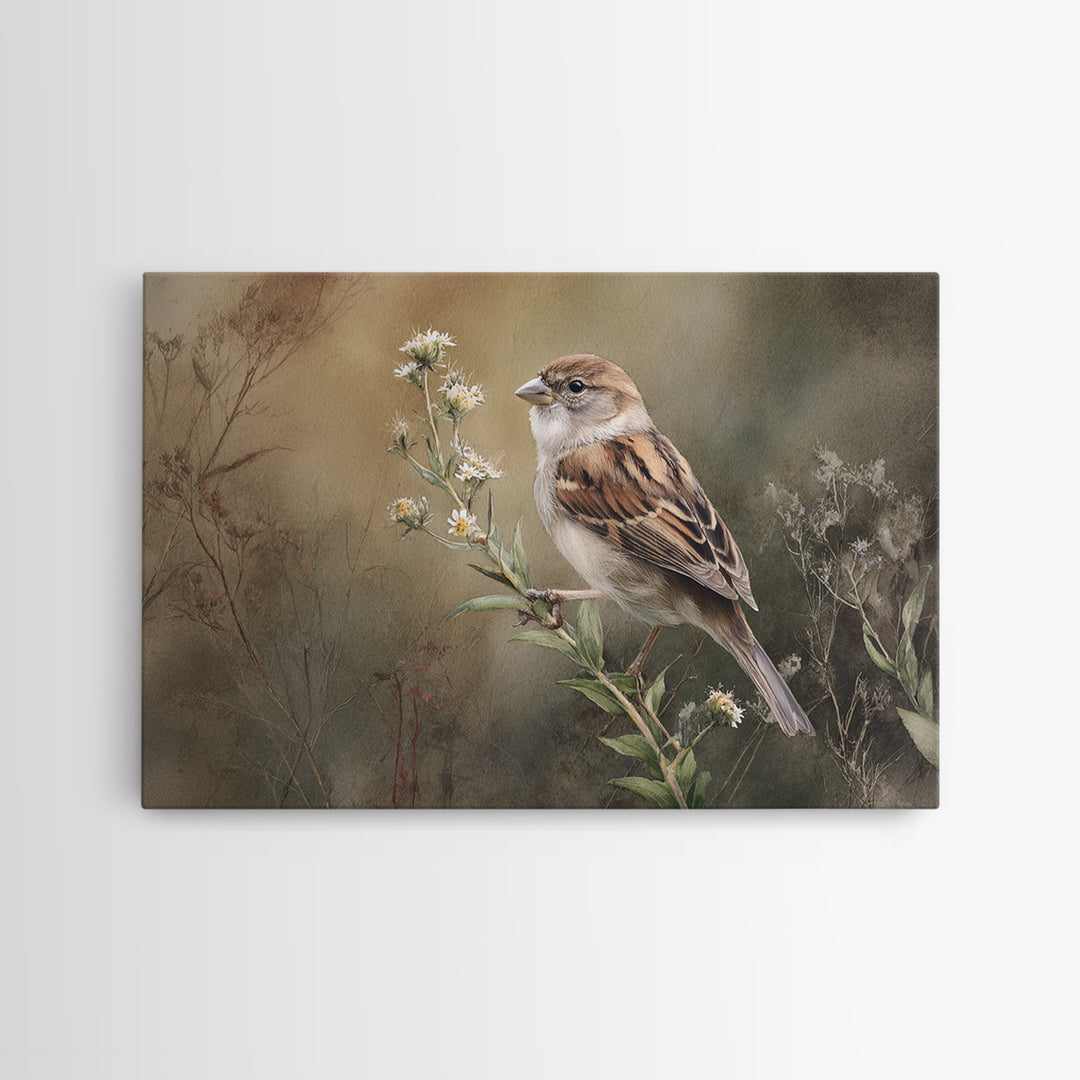 Small Sparrow on Wildflower Stem Canvas Print, Bird Art, Modern Wall Art, Living Room Decor, Watercolor Art, Flight, BIR-3x2-42