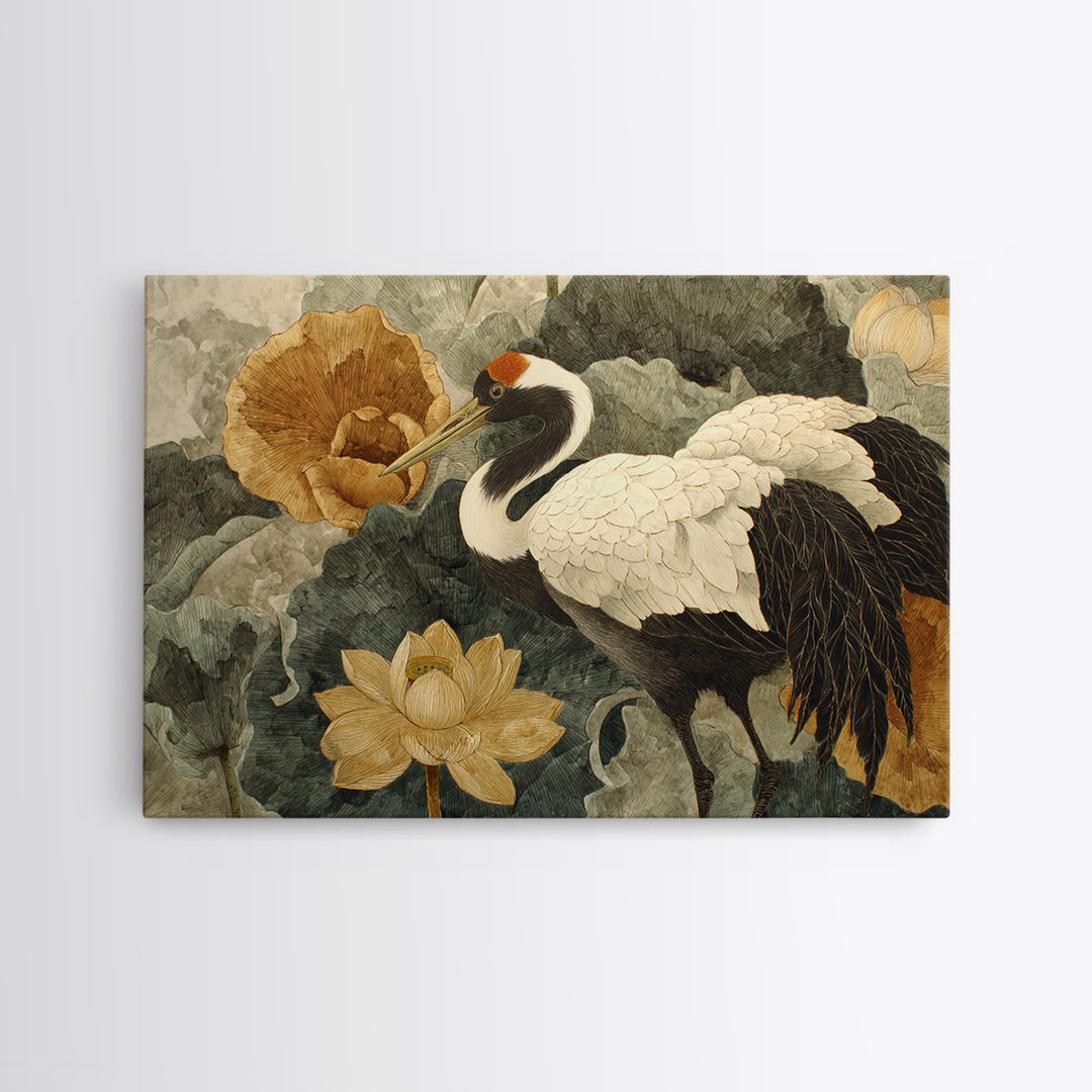 Crane and Lotus Composition Framed Canvas Print, Bird Art, Nature Prints, Living Room Decor, Fine Art, Flight, Boho Decor, BIR-3x2-45