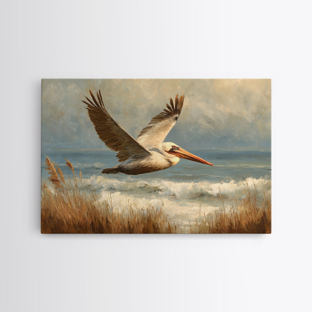 Pelican Flying over Coastal Waves Framed Canvas Print, Bird Art, Boho Wall Decor, Living Room Decor, Fine Art, Flight, BIR-3x2-46