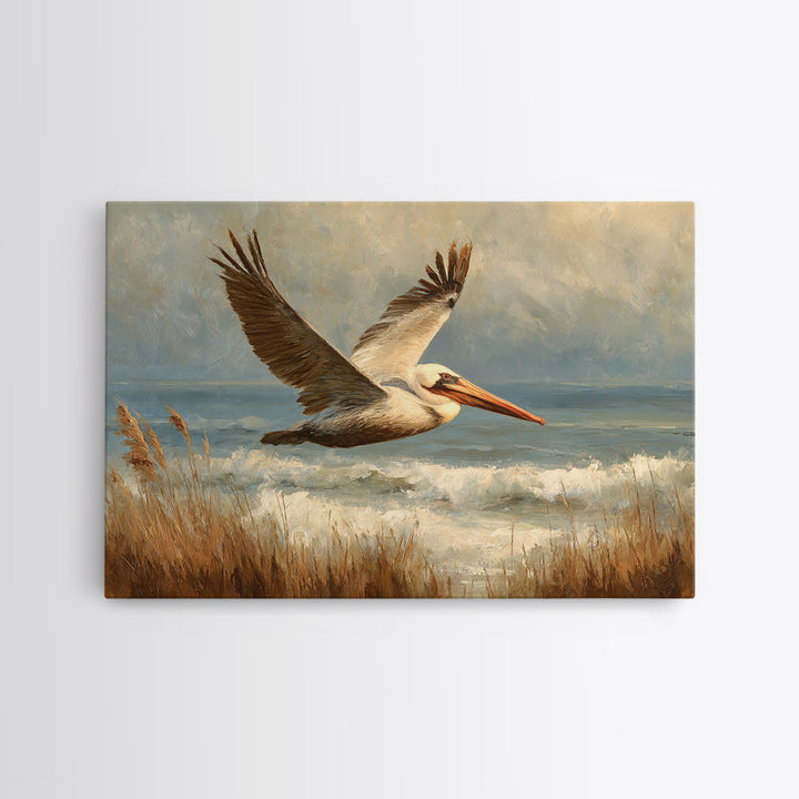 Pelican Flying over Coastal Waves Framed Canvas Print, Bird Art, Boho Wall Decor, Living Room Decor, Fine Art, Flight, BIR-3x2-46