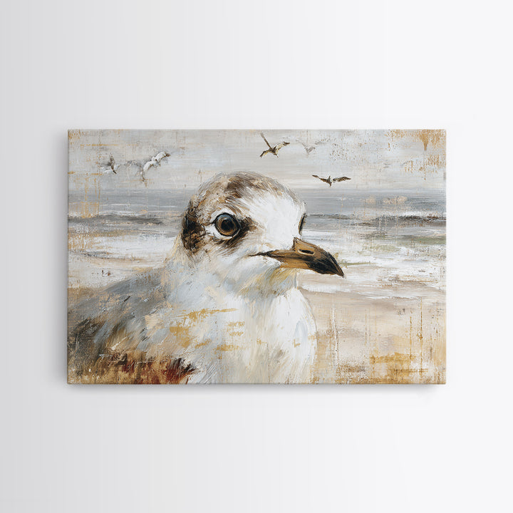 Seagulls Above a Pale Beach Horizon Canvas Print, Bird Art, Mid Century Wall Art, Living Room Decor, Fine Art, Flight, BIR-3x2-48