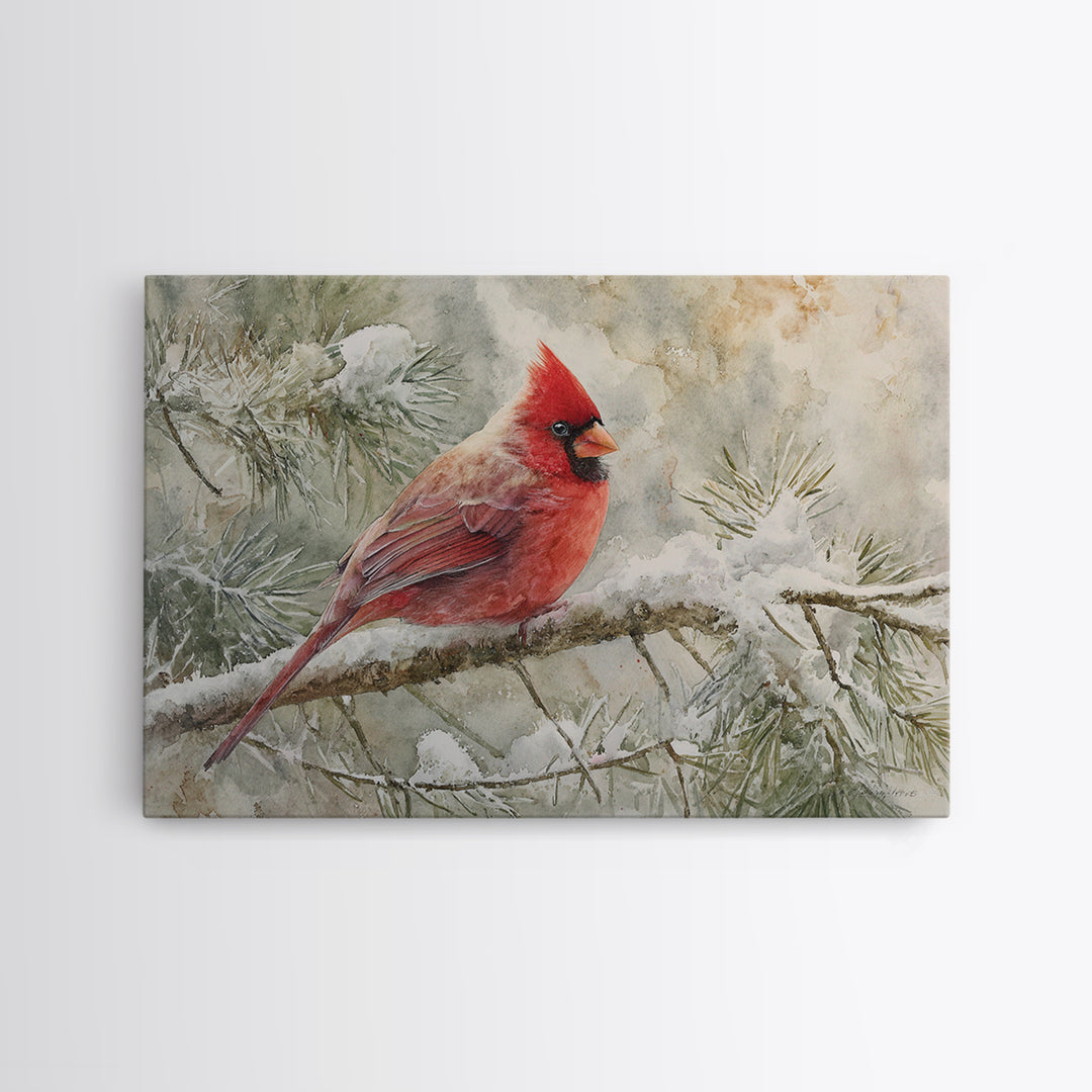 Red Cardinal on Snowy Pine Branch Framed Canvas Print, Bird Art, Mcm Decor, Living Room Decor, Oil Painting, Flight, BIR-3x2-5