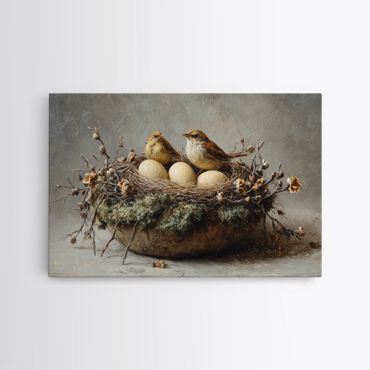 Bird Nest with Eggs and Delicate Twigs Framed Canvas Print, Bird Art, Living Room Decor, Oil Painting, Flight, BIR-3x2-50