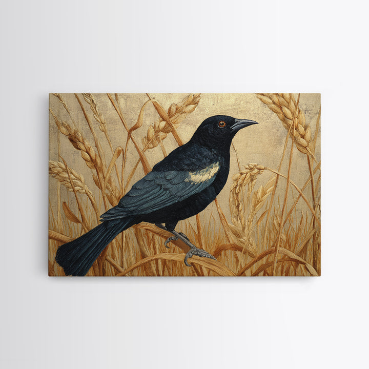 Blackbird on Gold Wheat Field Canvas Print, Bird Art, Modern Art, Living Room Decor, Abstract Art, Flight, Floral Art, BIR-3x2-52