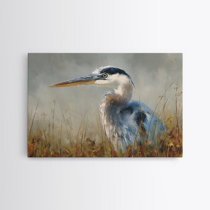 Blue Heron in Misty Marsh Grass Canvas Print, Bird Art, Modern Art, Living Room Decor, Flight, Floral Art, Forest Wall Art, BIR-3x2-54