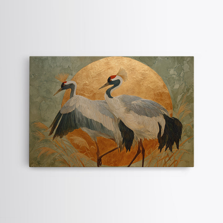 Pair of Cranes Dancing Framed Canvas Print, Bird Art, Digital Prints, Living Room Decor, Oil Painting, Flight, Modern Art, BIR-3x2-55
