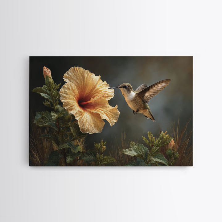 Hummingbird Hovering Beside Bright Hibiscus Canvas Print, Bird Art, Floral Art, Living Room Decor, Fine Art, Flight, BIR-3x2-56