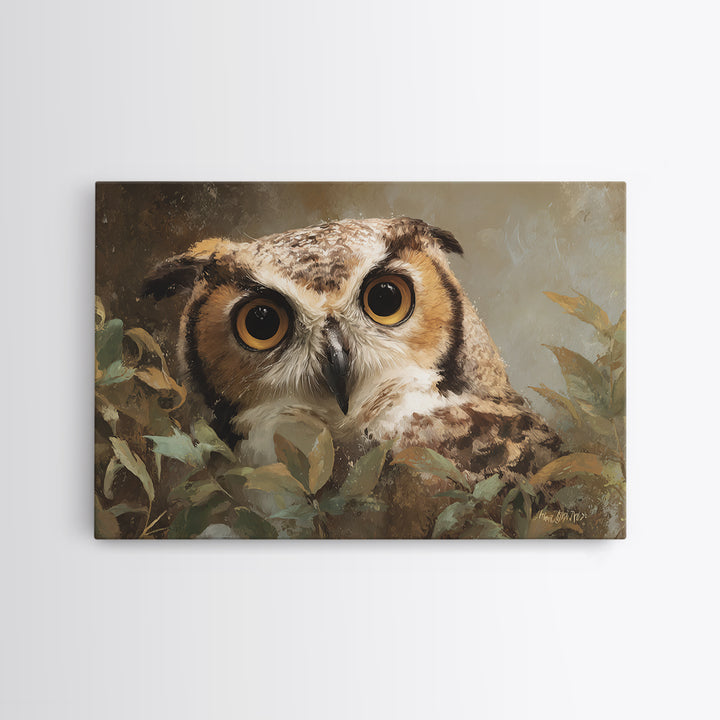 Owl Portrait with Wise Golden Eyes Canvas Print, Bird Art, Bird Prints, Living Room Decor, Fine Art, Flight, Modern Decor, BIR-3x2-57