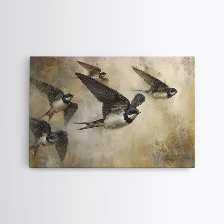 Flock of Swallows Sweeping Across Open Sky Canvas Print, Bird Art, Botanical Wall Art, Living Room Decor, Watercolor Art, BIR-3x2-58