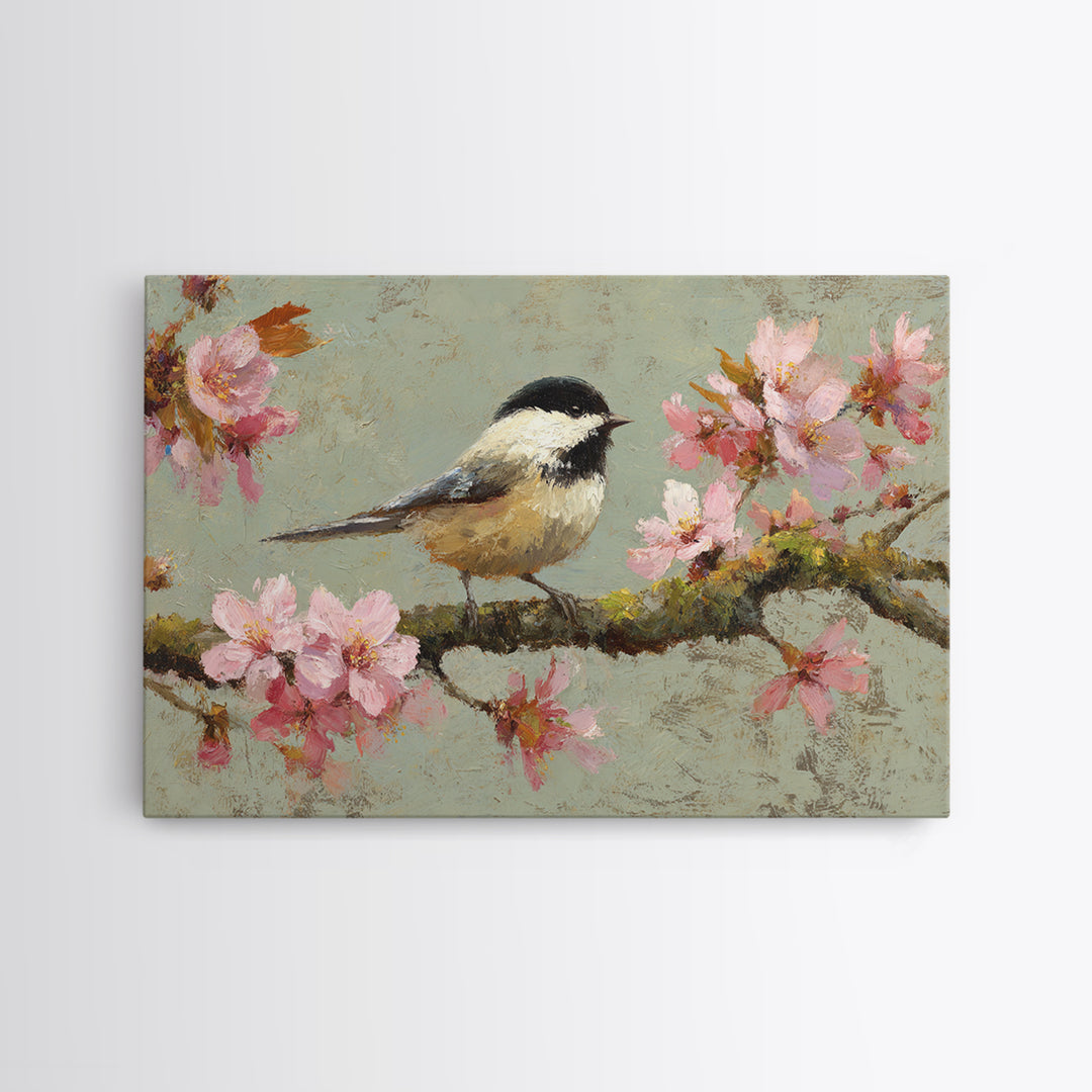 Songbird Perched on Cherry Blossoms Framed Canvas Print, Bird Art, Forest Wall Art, Living Room Decor, Fine Art, Flight, BIR-3x2-60