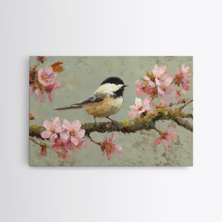 Songbird Perched on Cherry Blossoms Framed Canvas Print, Bird Art, Forest Wall Art, Living Room Decor, Fine Art, Flight, BIR-3x2-60