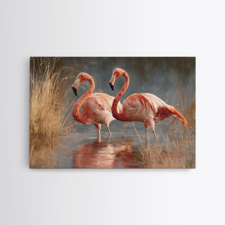 Flamingo Pair in Coral Water Reflections Canvas Print, Bird Art, Japanese Wall Art, Living Room Decor, Fine Art, Flight, BIR-3x2-62