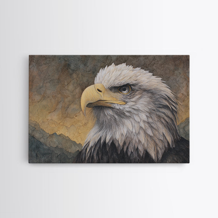 Eagle Portrait with Dramatic Mountain Wind Framed Canvas Print, Bird Art, Gallery Decor, Living Room Decor, Fine Art, Flight, BIR-3x2-64