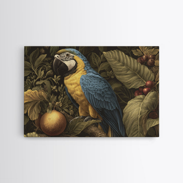 Parrot Among Tropical Leaves and Fruit Framed Canvas Print, Bird Art, Digital Download Art, Living Room Decor, Watercolor Art, BIR-3x2-65