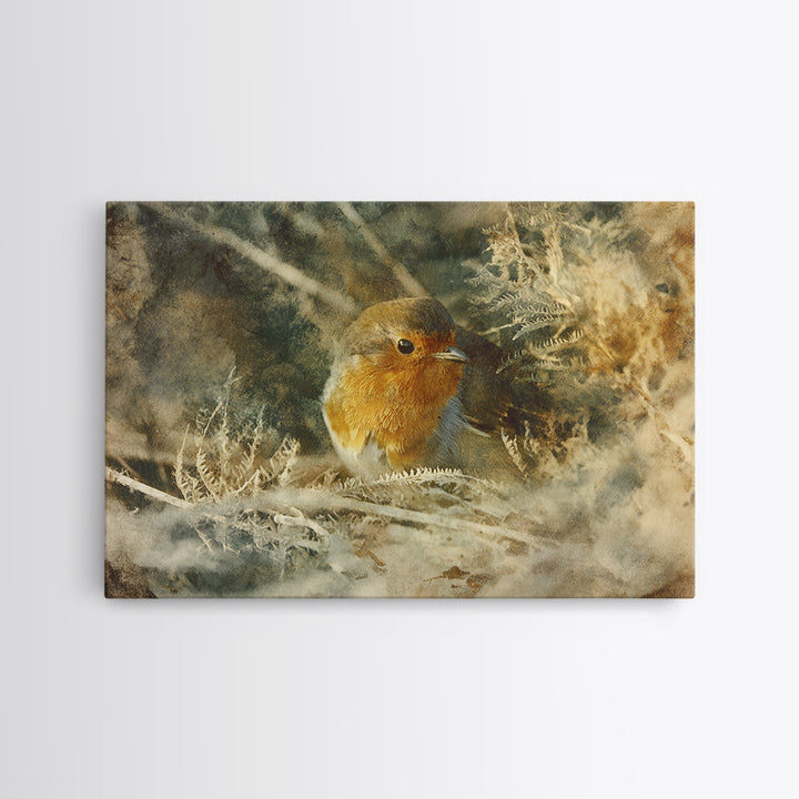 Robin in a Spring Garden with Soft Canvas Print, Bird Art, Textured Painting, Living Room Decor, Watercolor Art, Flight, BIR-3x2-67