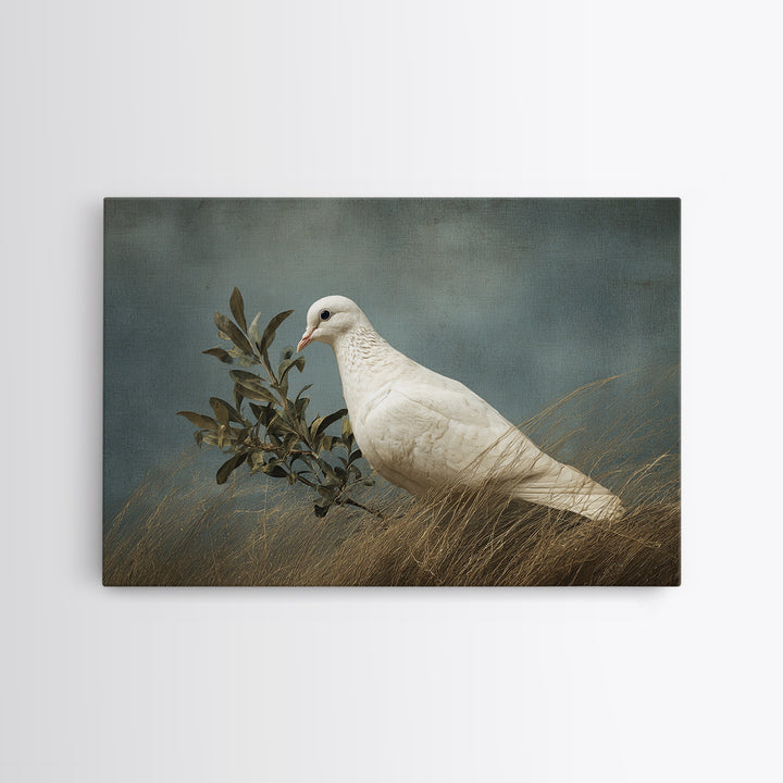 White Dove with Olive Branch and Calm Canvas Print, Bird Art, Neutral Decor, Living Room Decor, Oil Painting, Flight, BIR-3x2-68