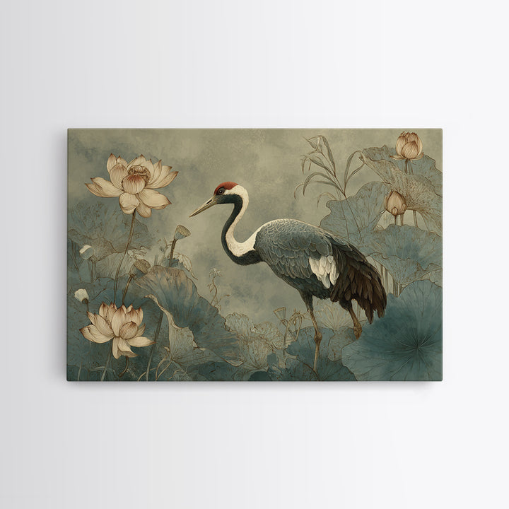 Crane and Lotus Composition Framed Canvas Print, Bird Art, Nature Prints, Living Room Decor, Fine Art, Flight, Boho Decor, BIR-3x2-69