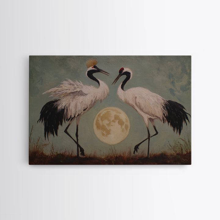 Pair of Cranes Dancing Framed Canvas Print, Bird Art, Home Decor, Living Room Decor, Abstract Art, Flight, Modern Wall Art, BIR-3x2-7