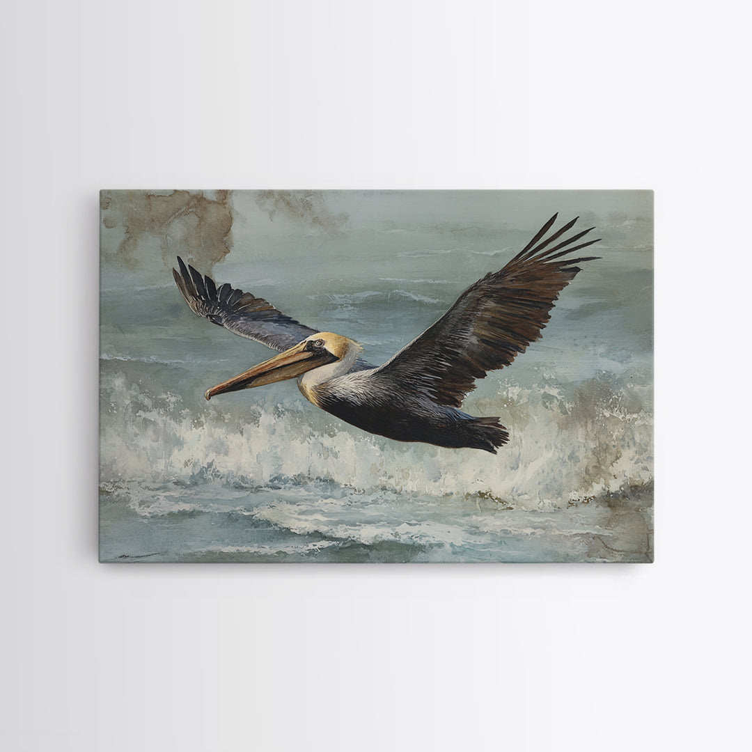 Pelican Flying over Coastal Waves Framed Canvas Print, Bird Art, Boho Wall Decor, Living Room Decor, Fine Art, Flight, BIR-3x2-70
