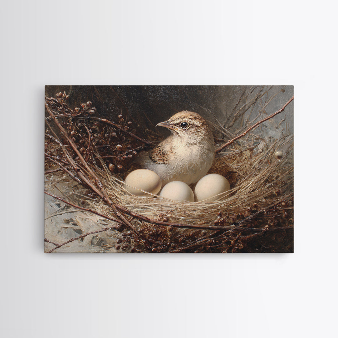Bird Nest with Eggs and Delicate Twigs Framed Canvas Print, Bird Art, Living Room Decor, Oil Painting, Flight, BIR-3x2-74