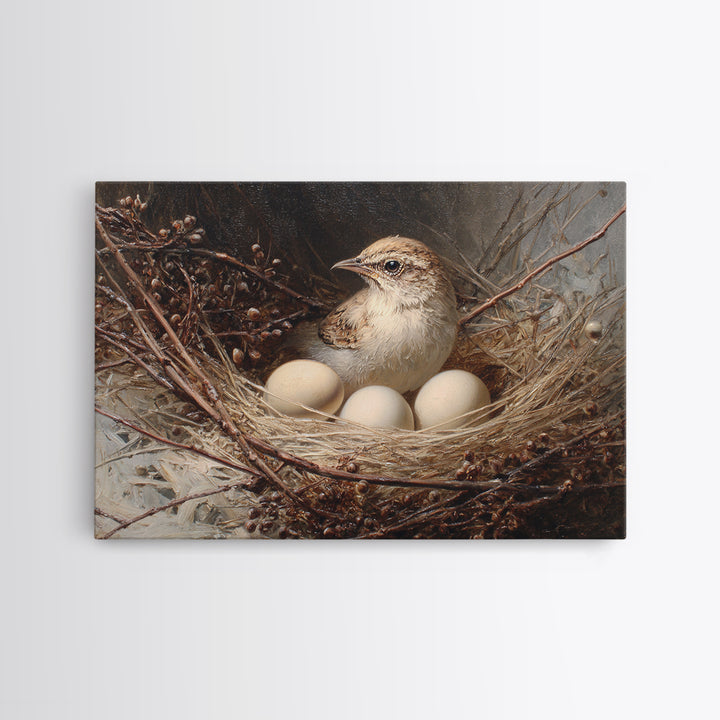 Bird Nest with Eggs and Delicate Twigs Framed Canvas Print, Bird Art, Living Room Decor, Oil Painting, Flight, BIR-3x2-74